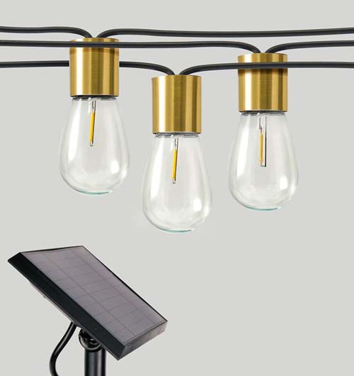 New outdoor solar LED string light with golden base, for patio and garden