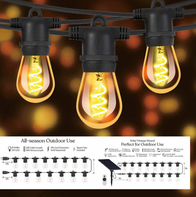Commercial grade, outdoor edison led string light with golden base