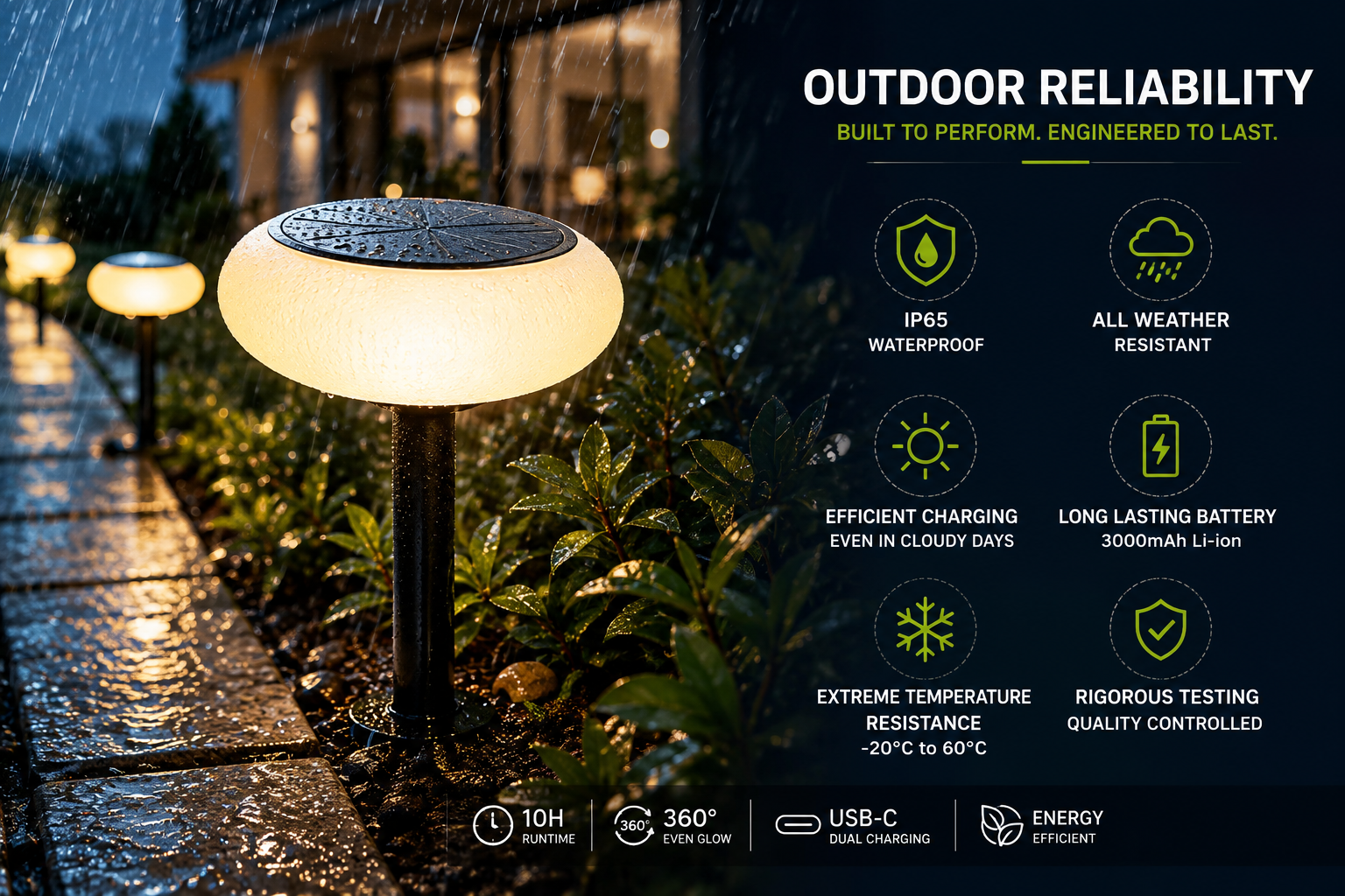 Outdoor solar lighting tested for rain and weather resistance