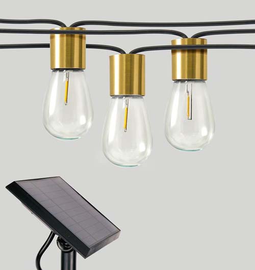 Commercial grade, outdoor solar edison on-line led string light with golden base for patio and garden
